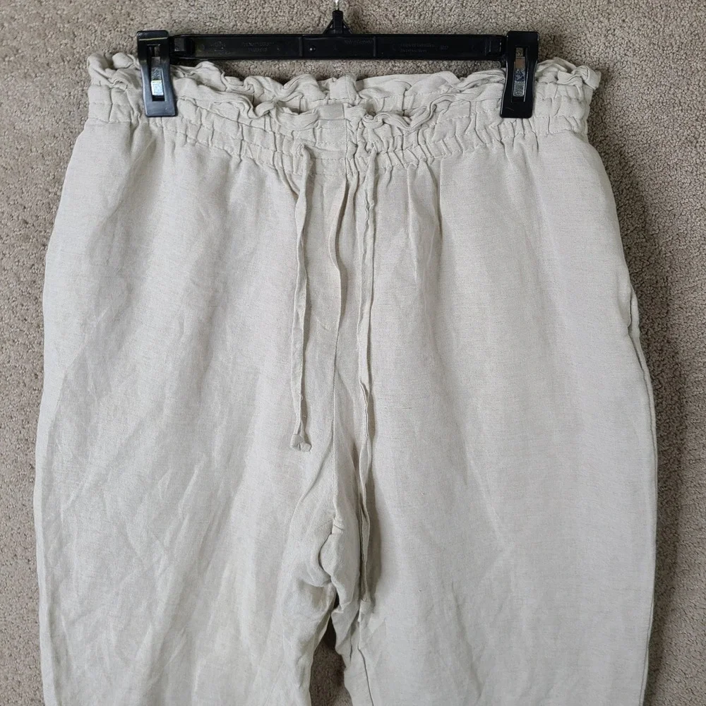 H&M‎ Pants Womens L Beige Linen Blend Paperbag Waist Drawstring Cropped Casual